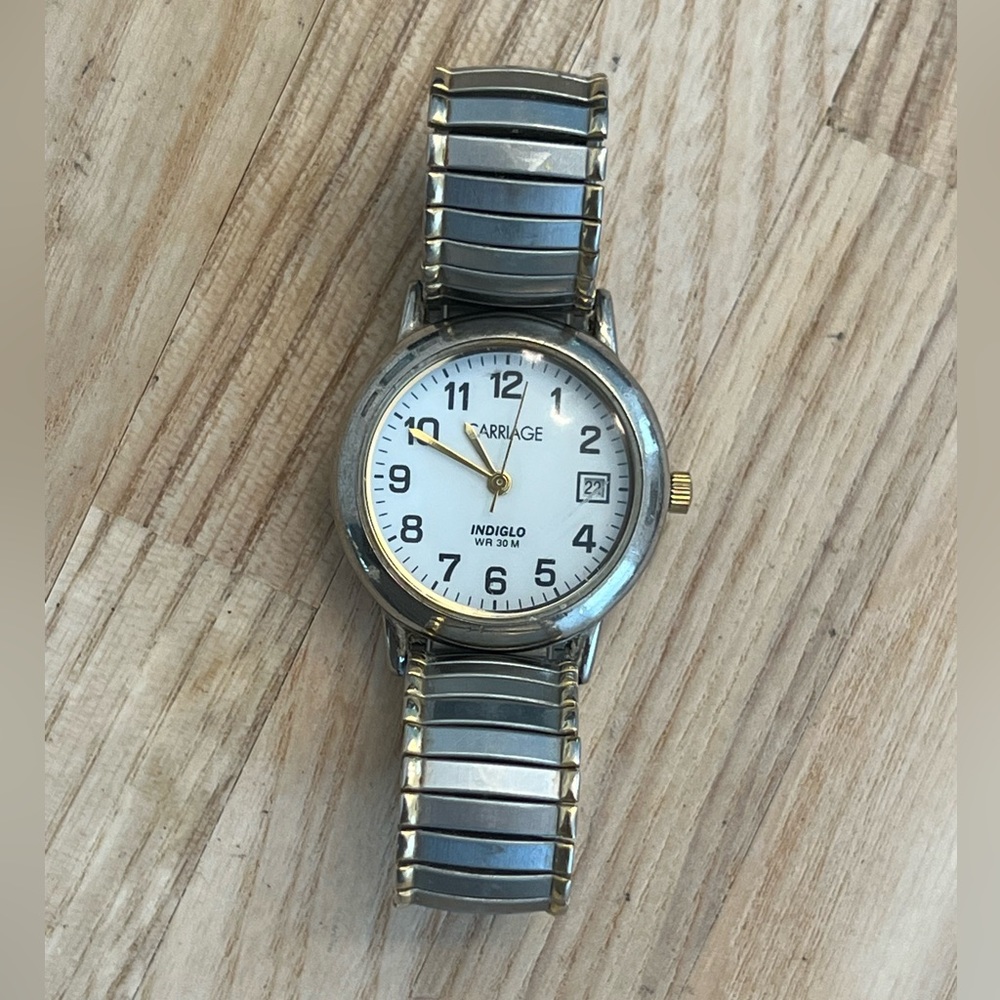 Carriage Ladies Watch Indiglo White Dial Two Tone Stretch Stainless Bracelet